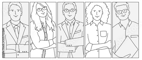 Sketch of business people in a frames. Line drawing vector illustration.