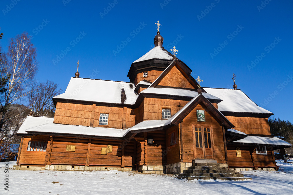 Old wooden Orthodox church in mountain village Kryvorivnia in Uk