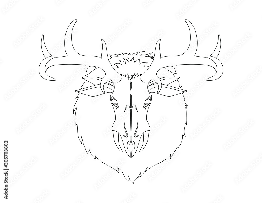 Wendigo monster head. Animal skull with deer horns fur and ears. Creature from native american folklore beliefs. Windigo mythical evil spirit for halloween or folklore school lesson. vector image