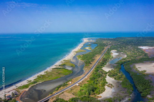 Aerial view of national reserve in south of Gambia, West Africa. Photo made by drone from above.