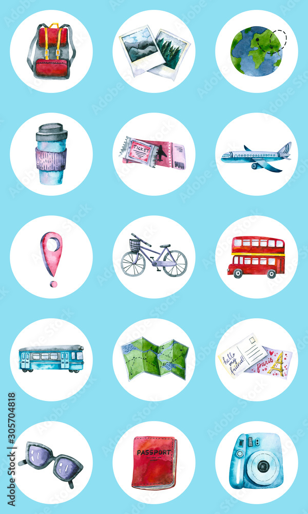 Set of watercolor travel icons. Hand painted trendy illustrations isolated on white circles. Collection of signs perfect for blogger, highlight covers, social media design, logo, traveler, stickers