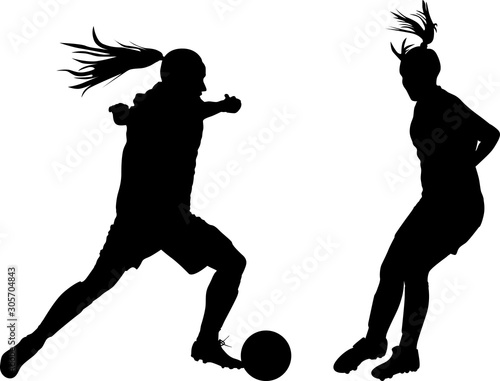 two female football players in a duel