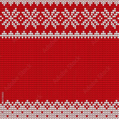 Christmas decorative background, pattern vector. Holiday white ornament of snowflakes on red canvas. Sweater with traditional winter embroidery, fancywork. Xmas celebration postcard, illustration