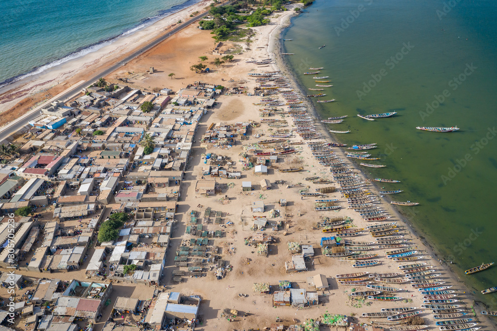 Aerial view of fishing village of Djiffer. Saloum Delta National Park, Joal Fadiout, Senegal. Africa. Photo made by drone from above.