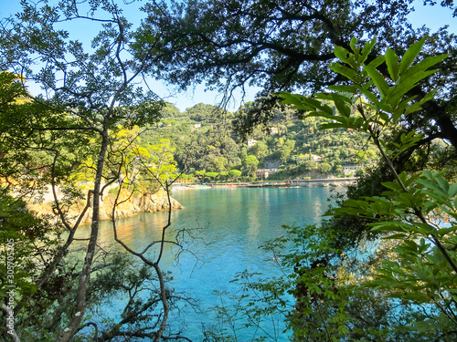 beach known as paraggi near portofino in genoa on a blue sky and sea background photo