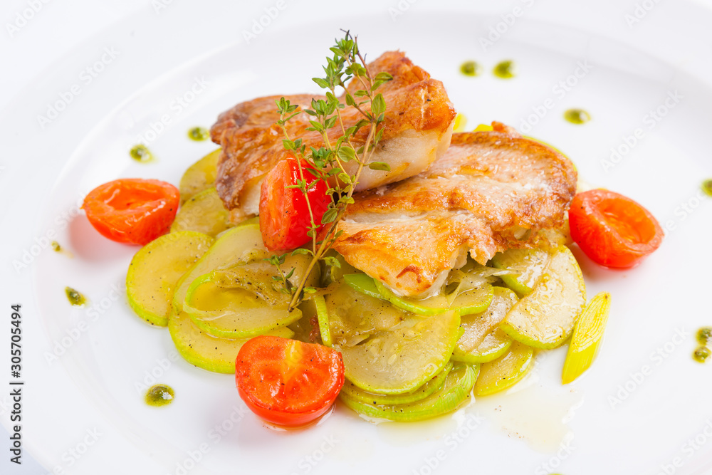 fried zande with zucchini and tomatos fried zande with zucchini and tomatos