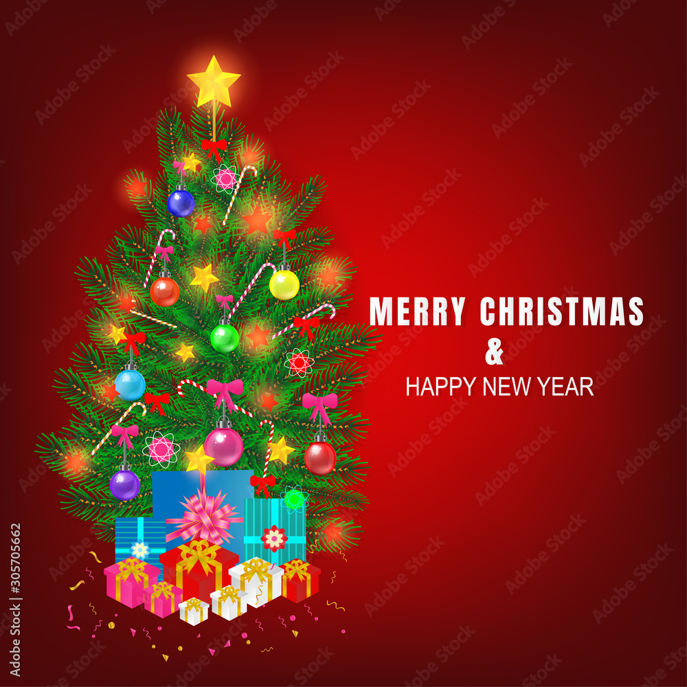 Merry Christmas and Happt New Year, Christmas Tree Decoration Illustration on Red Background. Merry Christmas and Happt New Year, Christmas Tree Decoration Illustration on Red Background.
