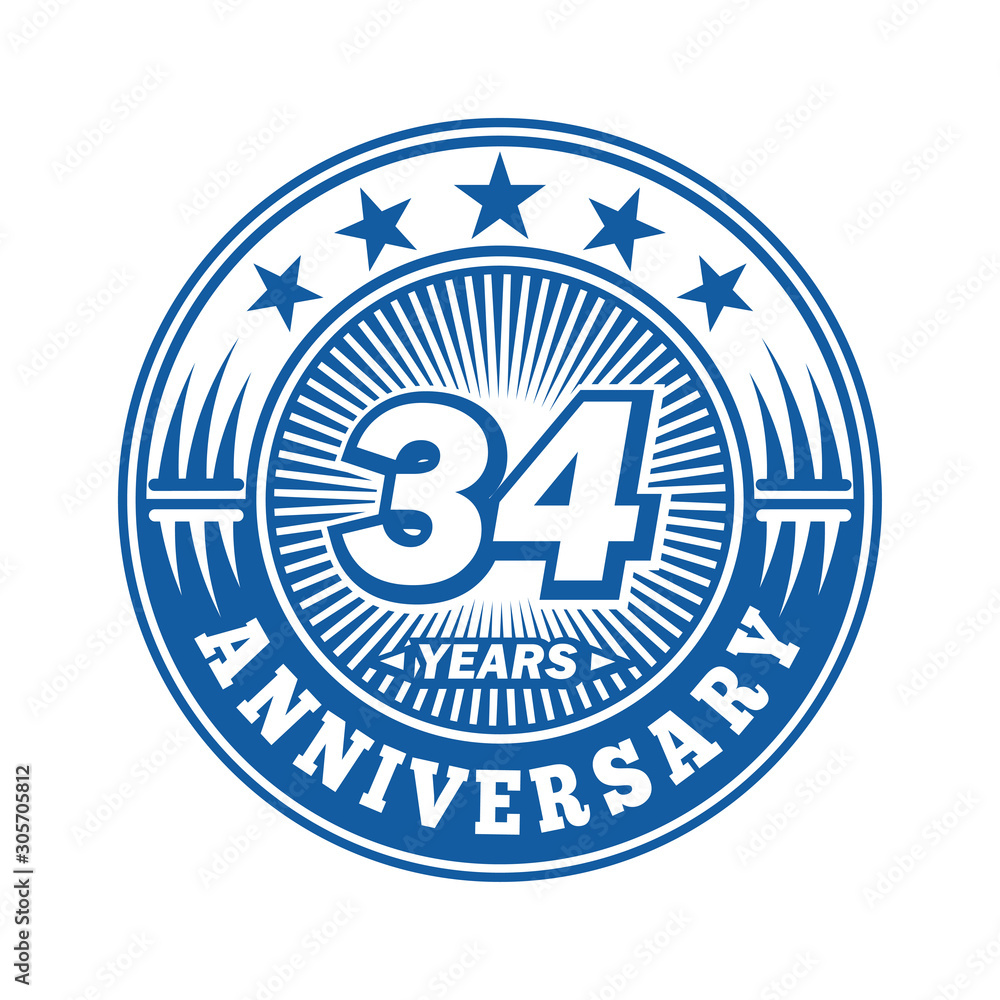 34 years logo. Thirty-four years anniversary celebration logo design. Vector and illustration.