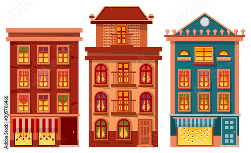 Houses set vector, isolated buildings exteriors. Architecture of city, town or village. Modern and vintage design of construction. Floor decorated with stars and garlands for Christmas celebration