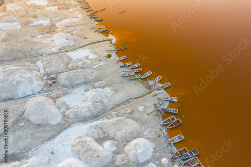 Aerial view of the Pink Lake Retba or Lac Rose in Senegal. Photo made by drone from above. Africa Natural Landscape. photo