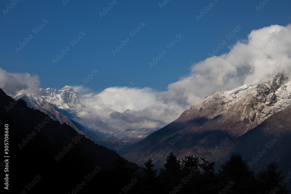panoramic view of the mountains with Mount Everest 