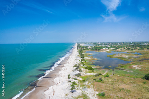 Aerial view of Atlantic coast near Palmarin. Saloum Delta National Park, Joal Fadiout, Senegal. Africa. Photo made by drone from above. photo