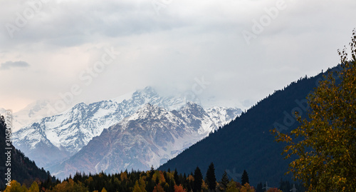 Fototapeta Naklejka Na Ścianę i Meble -  Panoramic  view in the early morning of snow-capped peaks of mountains with low clouds in Svaneti, in the mountainous part of Georgia