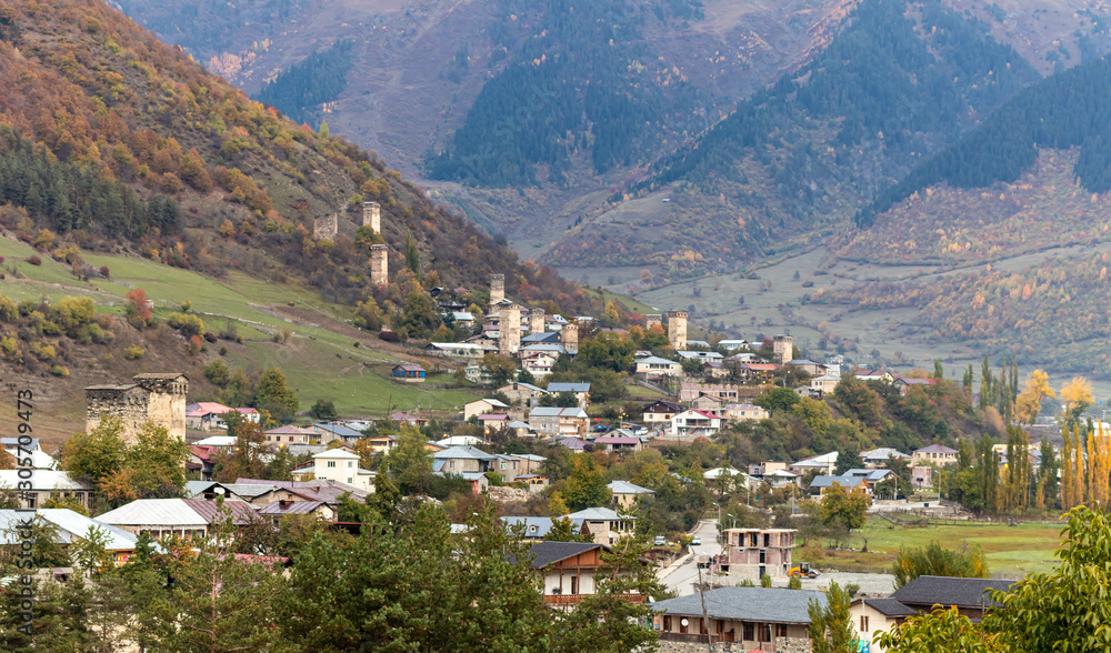 Early  morning panoramic view of Mestia village in Svaneti in the mountainous part of Georgia
