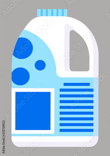 Dairy products isolated milk poured in plastic bottle. Production sale in shops and groceries departments of supermarket. Container with emblem and information of goods. Vector in flat style