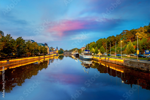 Night landscape from Theatre Bridge of Aura river in Turku. Finland