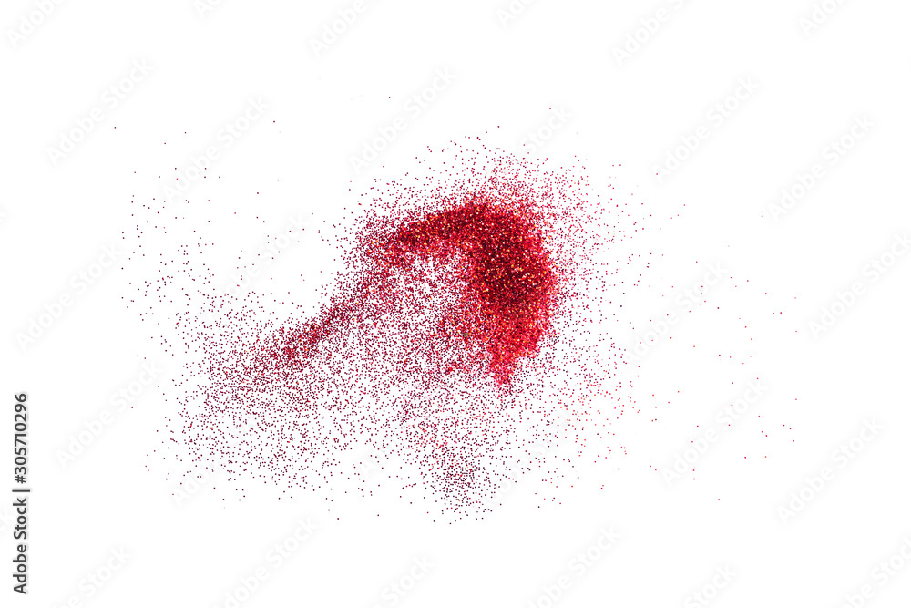 Red glitter powder splash or burst copy space isolated on white background