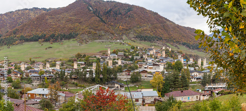 Early morning panoramic view of Mestia village in Svaneti in the mountainous part of Georgia