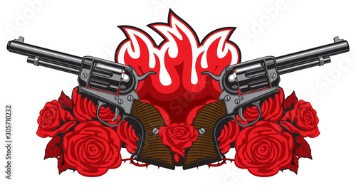 Vector banner with two big old revolvers, fire, red roses and barbed wire isolated on white background. Template for clothing, t-shirt design, tattoo.