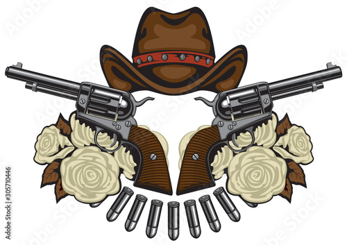 Vector banner with two big old revolvers, brown cowboy hat, bullets and white roses isolated on white background. Design elements for logo, label, sign, t-shirt design, tattoo