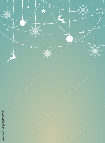 Winter background with flat white snowflakes, beads, stars and balls on blue background.