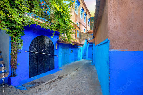 Colourful houses with blue painted walls in old medina of Chefchaouen. Morocco, North Africa © Valery Bareta