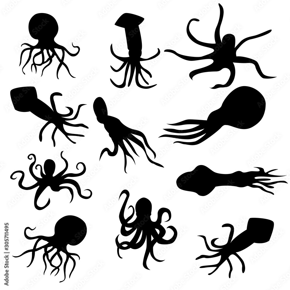 octopus vector silhouettes set isolated on white background with different style