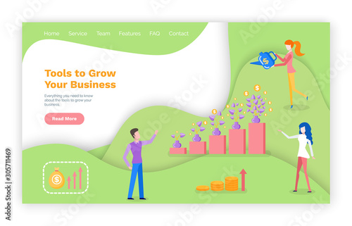 Tools to grow business web page, finance strategy and investment progress. Woman showering money plant, rising up steps and arrow, bag with dollars vector