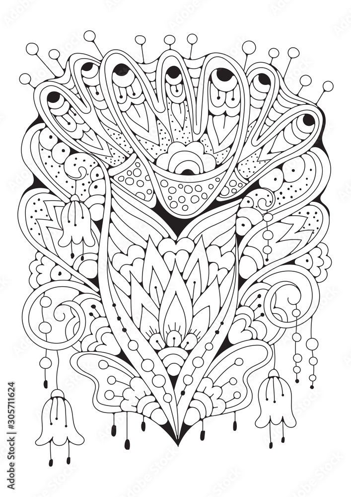 Fototapeta premium Coloring book page for adult and older children. Black and white abstract floral pattern. Design for meditation. The image can be used in design and printing on fabric