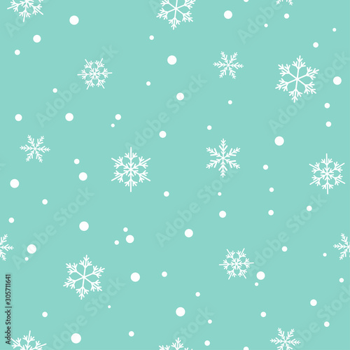 Winter seamless pattern with flat white snowflakes and dots on blue background.