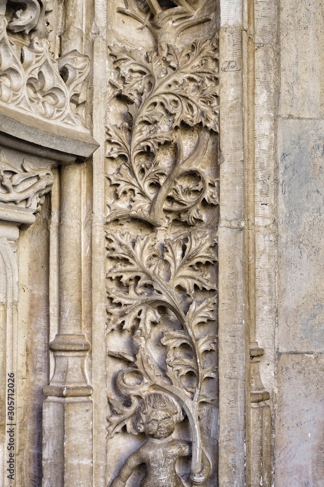Stone decoration of the Monastery of San Juan de los Reyes (Monastery of Saint John of the Monarchs) in Toledo, in Castile-La Mancha, Spain.