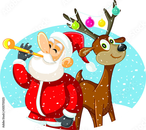 Santa Claus and His Reindeer Celebrating Christmas Vector Illustration