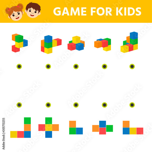 Education logic game for preschool kids. Kids activity sheet. How many cubes in a figure. Children funny riddle entertainment. Vector illustration