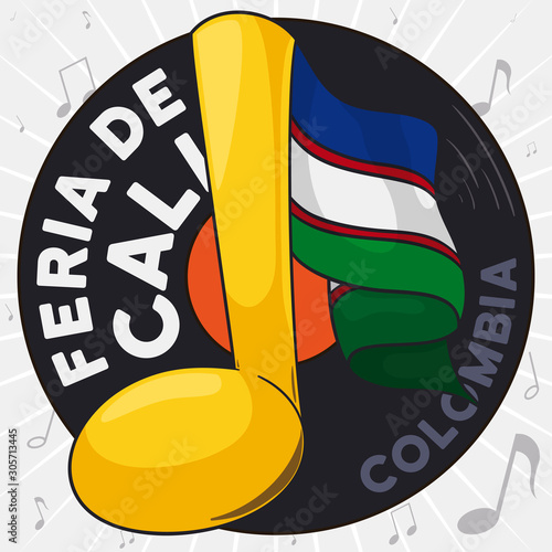 Vinyl, Music Note and Flag for Cali Fair Celebration, Vector Illustration