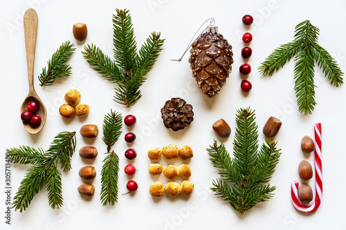 Christmas holidays frame - fir tree twigs, fir and pine cones, wooden spoon; hazelnuts; cranberries; candy cane and small Christmas Eve cookies on a white background. Top view, flat lay. photo