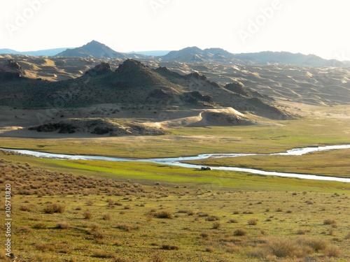 Sand dunes and river in Mongolia