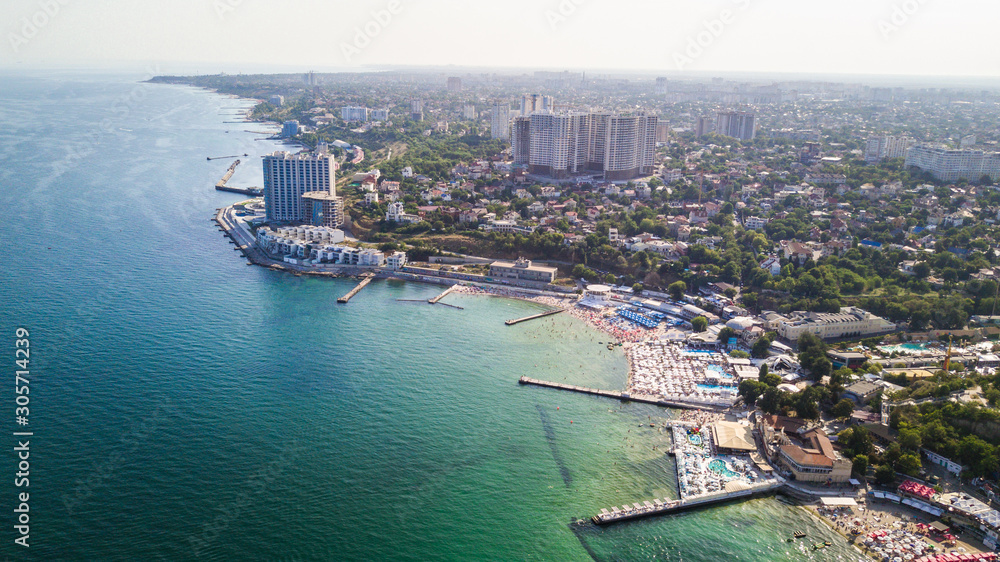 Aerial view of Odessa city and sea port at sunny summer day drone