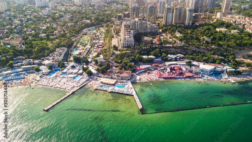 Aerial view of Odessa city and sea port at sunny summer day drone
