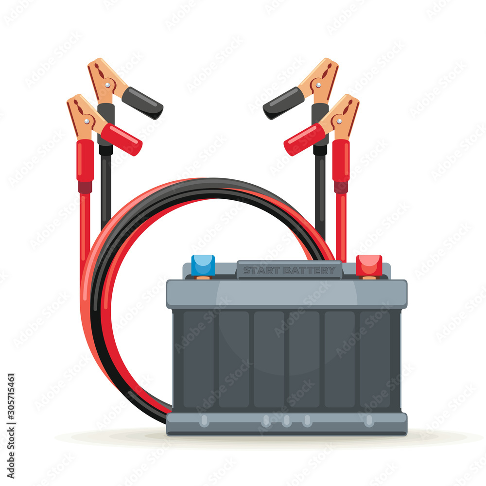 Battery jumper to charge a battery and start of car, vector