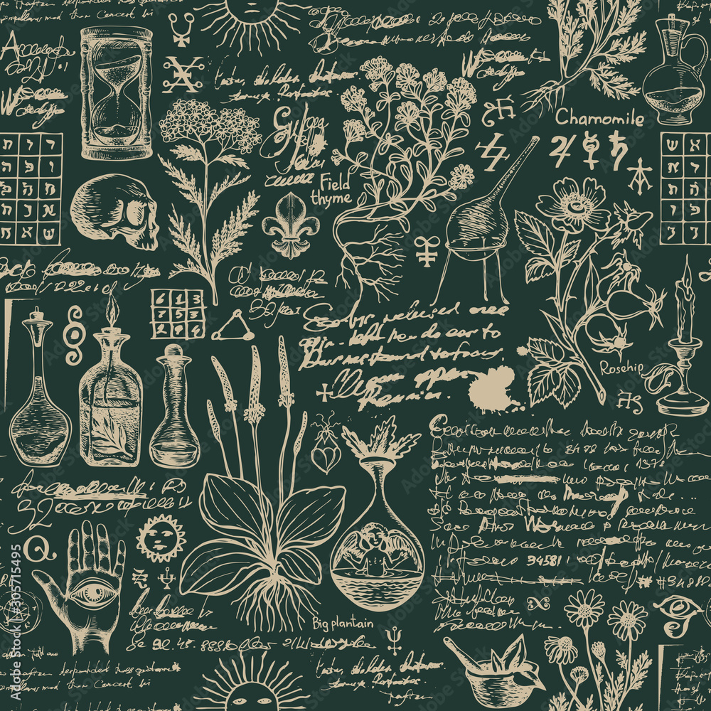 Fototapeta Vector seamless pattern on the theme of medicine and herbal treatment in retro style. Repeatable background with hand-drawn sketches, unreadable notes, various herbs and old medical symbols, blots.