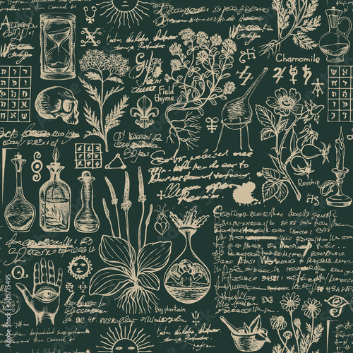 Vector seamless pattern on the theme of medicine and herbal treatment in retro style. Repeatable background with hand-drawn sketches, unreadable notes, various herbs and old medical symbols, blots.
