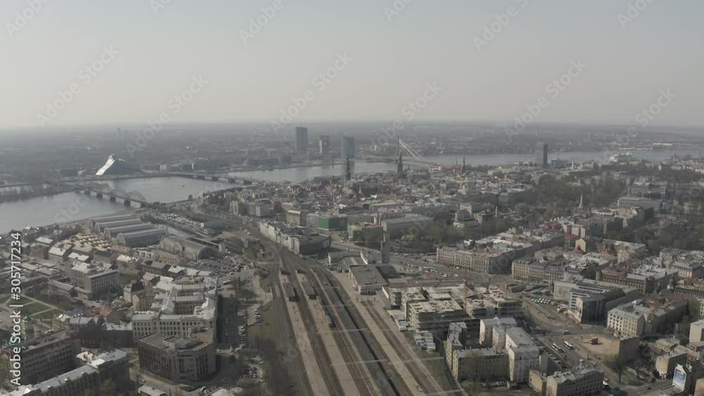 Central station in Riga. Drone flight over Railways, Train rail road in European City Central station in Riga. Drone flight over Railways, Train rail road in European City