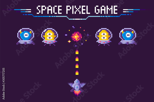 Space pixel game, rocket shooting to ufo, war between spaceship and cosmic hero, pixelated character, battle of monster and invader ship, video-game vector