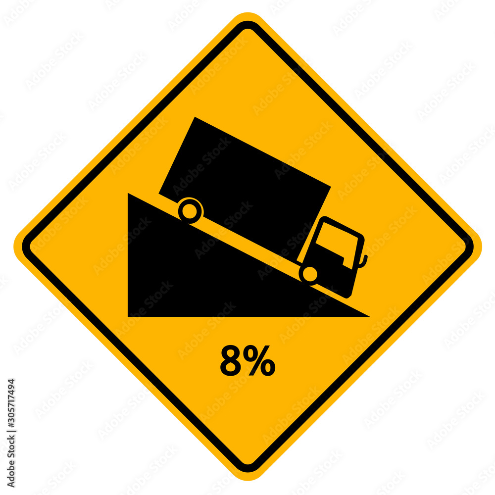 Warning Down To Hill Square Shaped Steep Climb (8%) Traffic Road Sign,Vector Illustration, Isolate On White Background, Symbols, Label. EPS10 Warning Down To Hill Square Shaped Steep Climb (8%) Traffic Road Sign,Vector Illustration, Isolate On White Background, Symbols, Label. EPS10