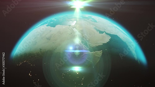 Beautiful sunrise world skyline animation. Planet earth rotates in space. Planet earth in the night lights. 4k. Images from NASA