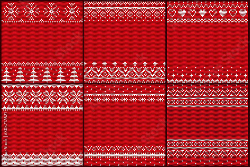 Set of embroidered pattern vector. Christmas theme empty banners with ornaments, decor for xmas. Pine and geometric shapes. Hearts and decorative elements on blank cards flat style illustration