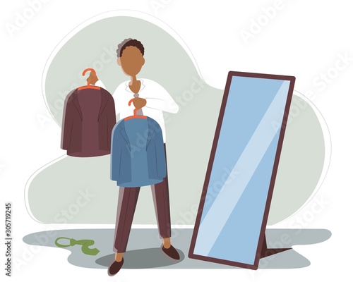 African American man chooses what thing to wear to work today. Guy holds in the hands of two hangers with blue and brown jacket. Vector flat illustration.