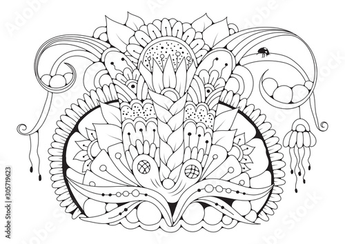 Coloring book page for adult and older children. Black and white abstract floral pattern. Design for meditation. The image can be used in design and printing on fabric