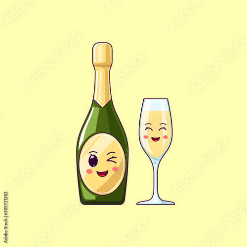 Cartoon kawaii Champagne with Winking face. Cute Champagne bottle with Wineglass