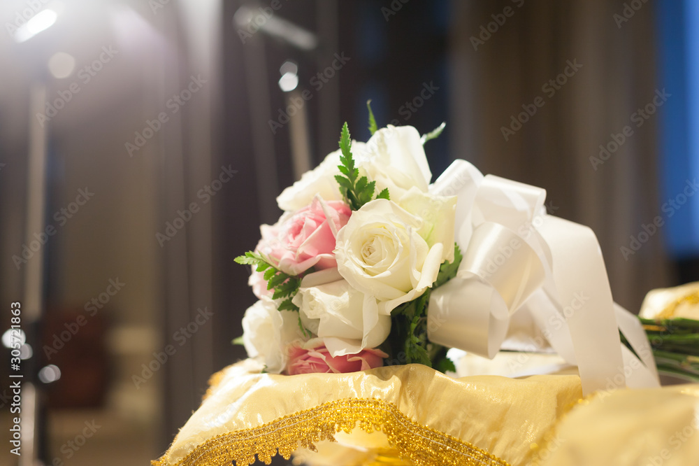 White and pink rose on Pedestal tray for wedding in Thailand. White and pink rose on Pedestal tray for wedding in Thailand.